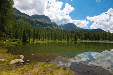 Panoramic view of San Pellegrino lake in San Pellegrino pass: a high mountain pass in the Italian Dolomites clipart