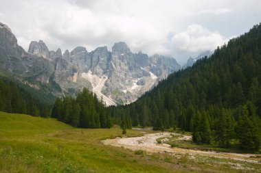 İtalya, Dolomitler 'deki Malga Venegia' dan San Martino grubunun Pale manzarası
