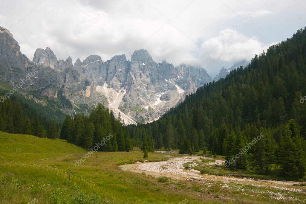 View of Pale of San Martino group view from Malga Venegia in the Dolomites, Italy