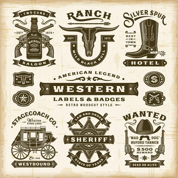 Vintage Western Labels Conjuntos Crachás Ilustração Vetorial Eps10 Editável Estilo — Vetor de Stock