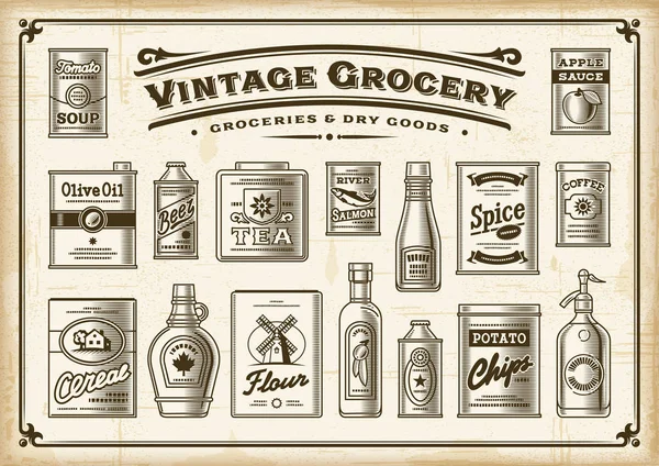 Vintage Grocery Set Color Conjunto Comestibles Vintage Solo Color Estilo — Archivo Imágenes Vectoriales