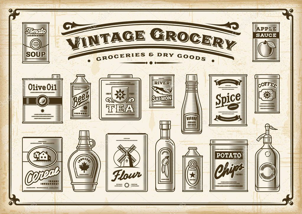 Vintage Grocery Set. One Color. A set of vintage one-colored groceries in retro woodcut style. EPS10 vector illustration with transparency.