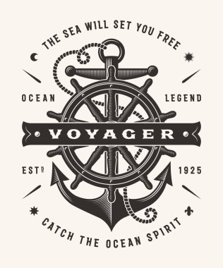 Vintage deniz Voyager tipografi (tek renk). T-shirt ve etiket grafik gravür tarzında. Düzenlenebilir Eps10 vektör çizim.