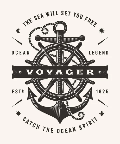 Vintage Nautical Voyager Typography One Color Shirt Label Graphics Woodcut — Stock Vector