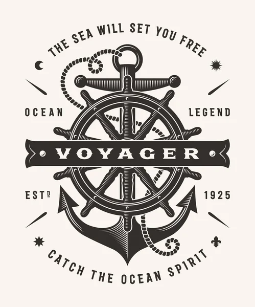 老式航海航海家版式 一种颜色 在木刻风格的 T恤和标签图形 可编辑 Eps10 矢量插图 图库插图