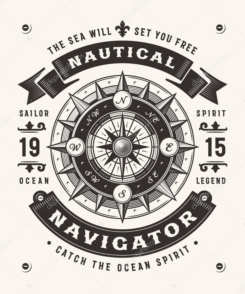 Vintage Nautical Navigator Typography (One Color). T-shirt and label graphics in woodcut style. Editable EPS10 vector illustration.