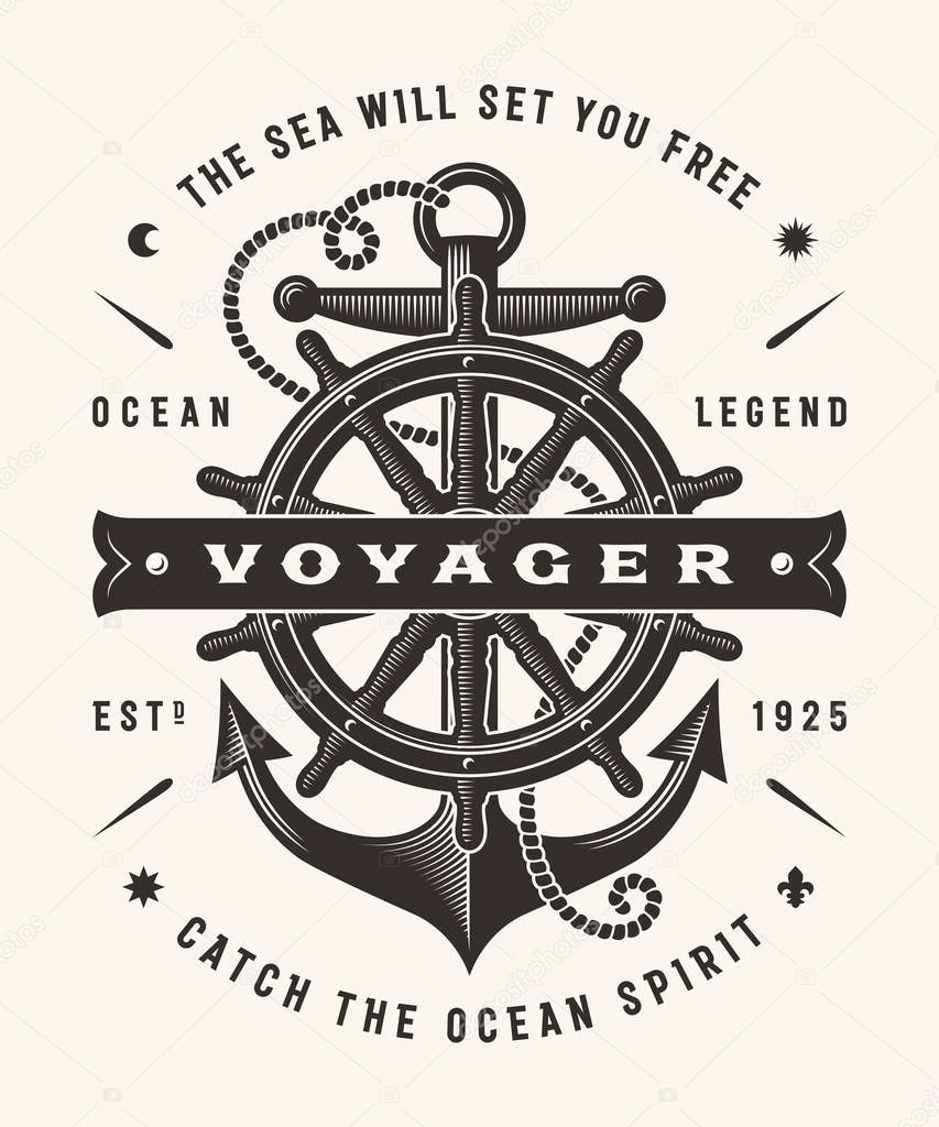 Vintage Nautical Voyager Typography (One Color). T-shirt and label graphics in woodcut style. Editable EPS10 vector illustration.