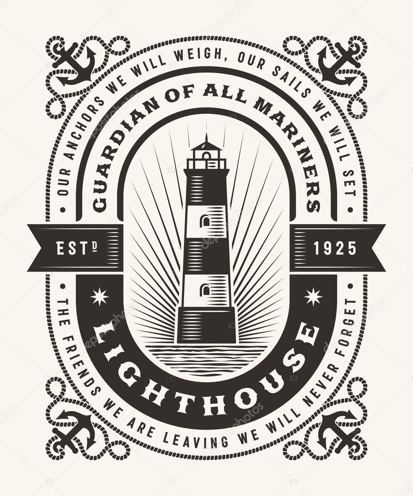 Vintage Lighthouse Typography (One Color). T-shirt and label graphics in woodcut style. Editable EPS10 vector illustration.