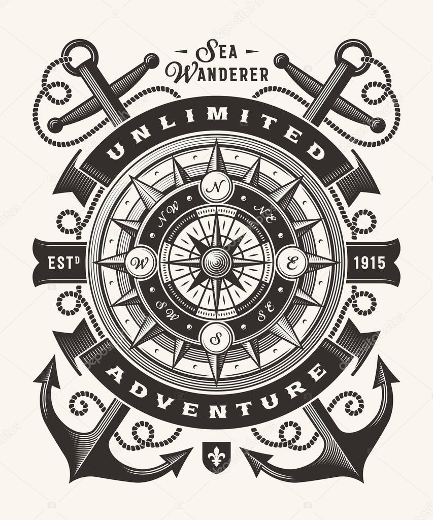 Vintage Unlimited Adventure Typography (One Color). T-shirt and label graphics in woodcut style. Editable EPS10 vector illustration.