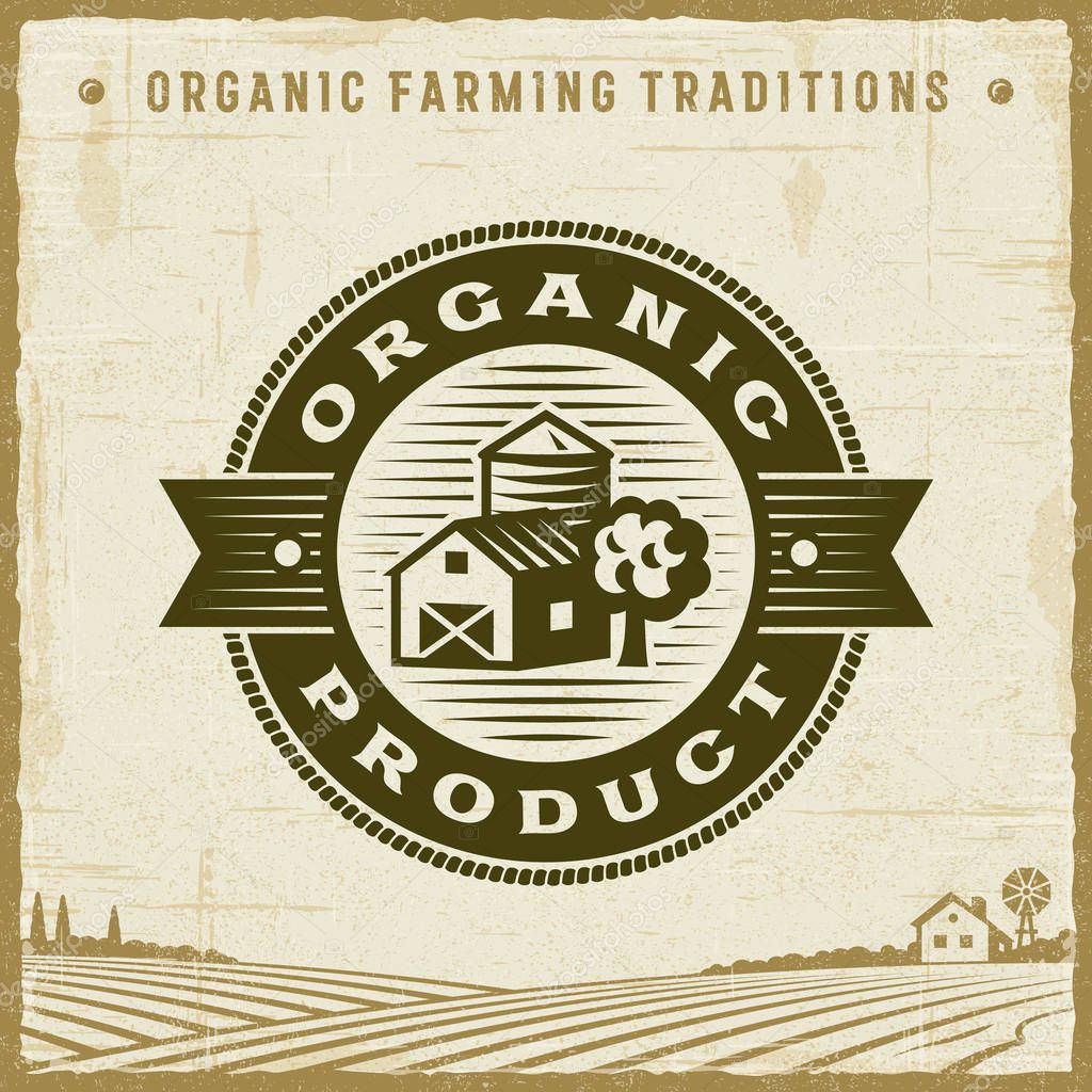 Vintage Organic Product Label. Editable EPS10 vector illustration with clipping mask and transparency in retro woodcut style.