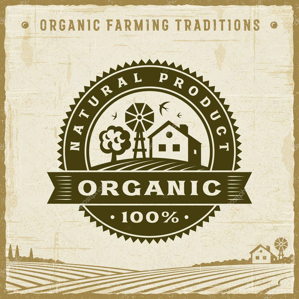 Vintage Organic 100% Natural Product Label. Editable EPS10 vector illustration with clipping mask and transparency in retro woodcut style.