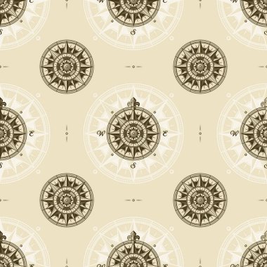 Sorunsuz vintage deniz Ortaçağ rüzgar gülü desen. Kırpma maskesi ile retro gravür tarzında vektör çizim.