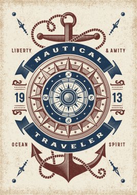Vintage deniz Traveler tipografi. T-shirt ve etiket grafik gravür tarzında. Düzenlenebilir Eps10 vektör çizim.