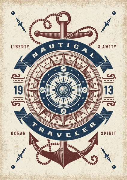 Vintage Nautical Traveler Typography Shirt Label Graphics Woodcut Style Editable — Stock Vector