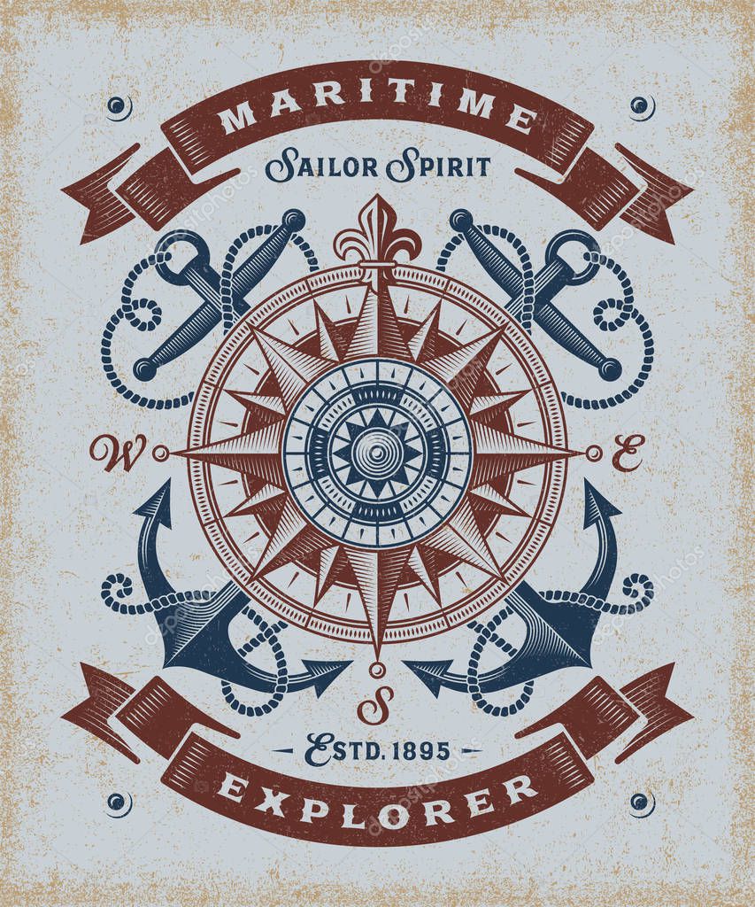 Vintage maritime explorer typography. T-shirt and label graphics in woodcut style. Editable EPS10 vector illustration.