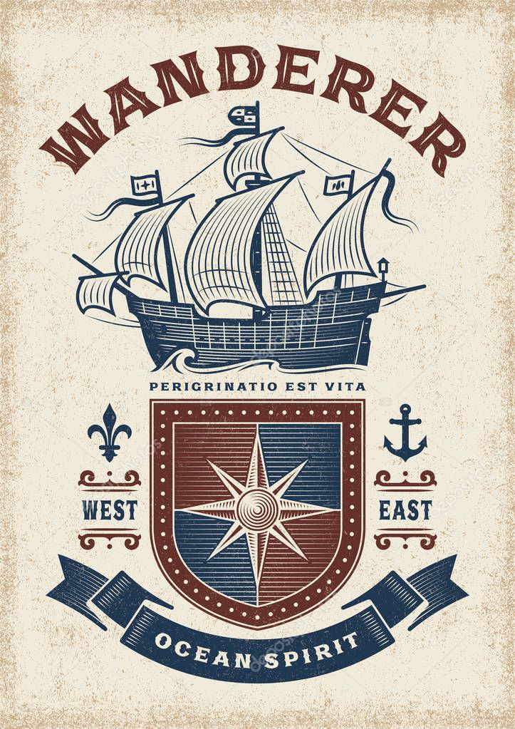 Vintage Nautical Wanderer Typography. T-shirt and label graphics in woodcut style. Editable EPS10 vector illustration with clipping mask.