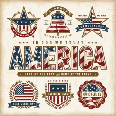 Vintage USA Patriotic Holidays Labels Set. Editable EPS10 vector illustration in retro woodcut style with transparency. clipart