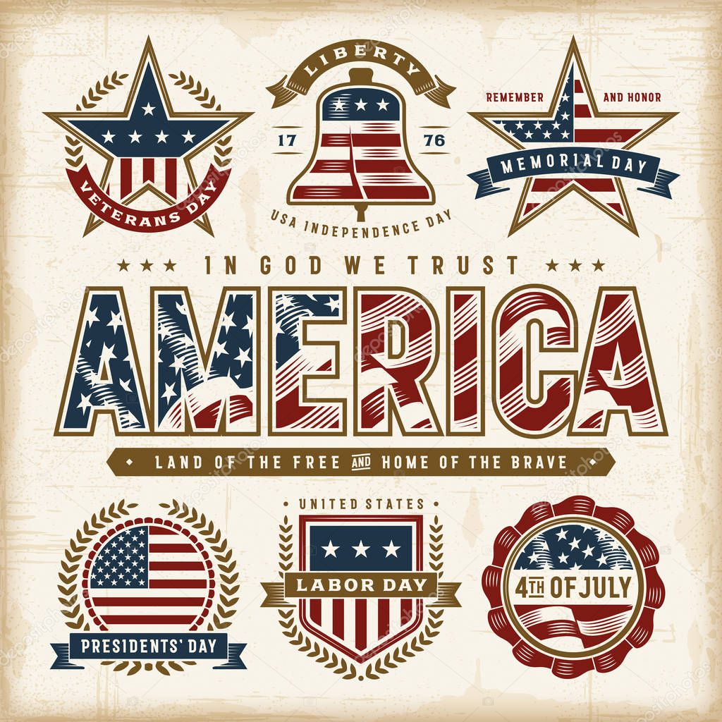 Vintage USA Patriotic Holidays Labels Set. Editable EPS10 vector illustration in retro woodcut style with transparency.