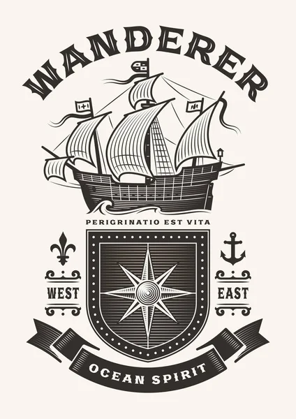 Vintage Nautical Wanderer Typography One Color Shirt Label Graphics Woodcut — Stock Vector