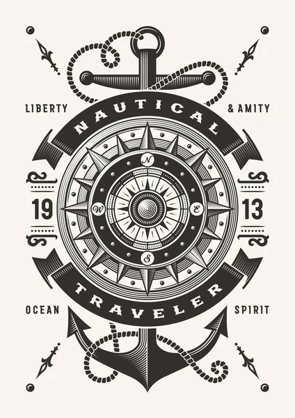 Vintage Nautical Traveler Typography One Color Shirt Label Graphics Woodcut — Stock Vector