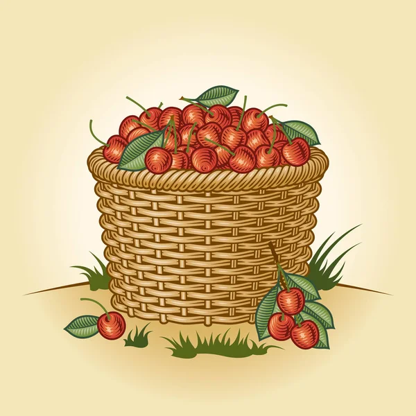 Canasta Retro Cerezas Ilustración Vectorial Editable Con Máscara Recorte Estilo — Archivo Imágenes Vectoriales