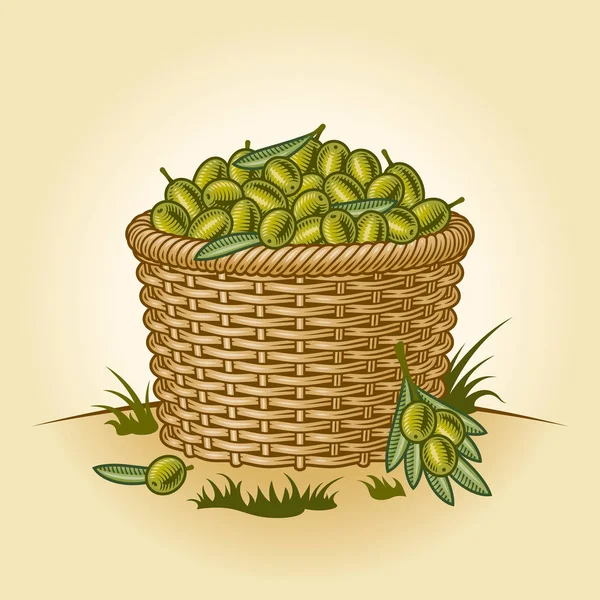 Panier Olives Rétro Illustration Vectorielle Modifiable Avec Masque Coupe Bois — Image vectorielle