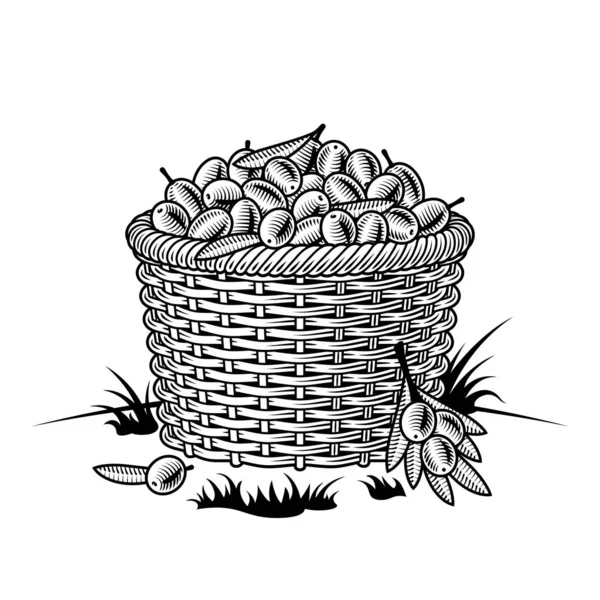 Retro Basket Olives Black White Editable Vector Illustration Clipping Mask — Stock Vector