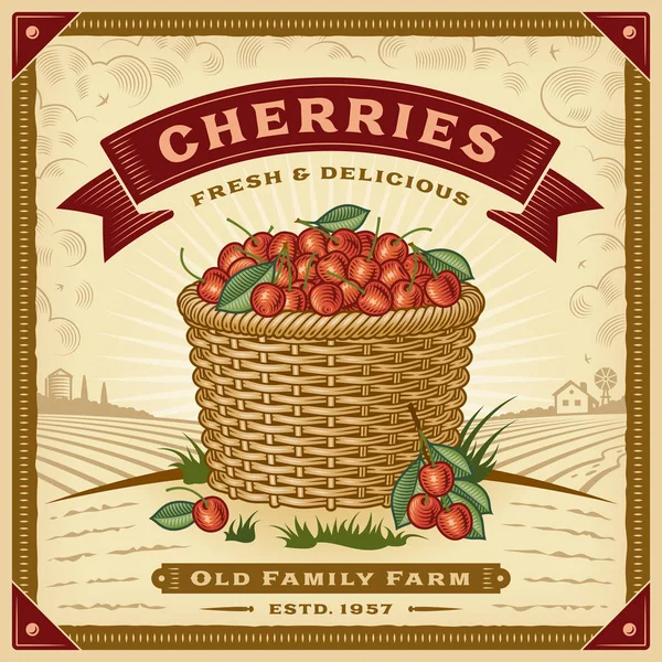 Retro Cherry Harvest Label Dengan Lanskap Ilustrasi Vektor Eps10 Yang - Stok Vektor