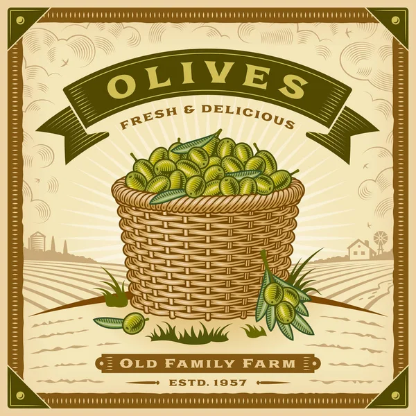 Etichetta Raccolta Delle Olive Retrò Con Paesaggio Illustrazione Vettoriale Eps10 — Vettoriale Stock