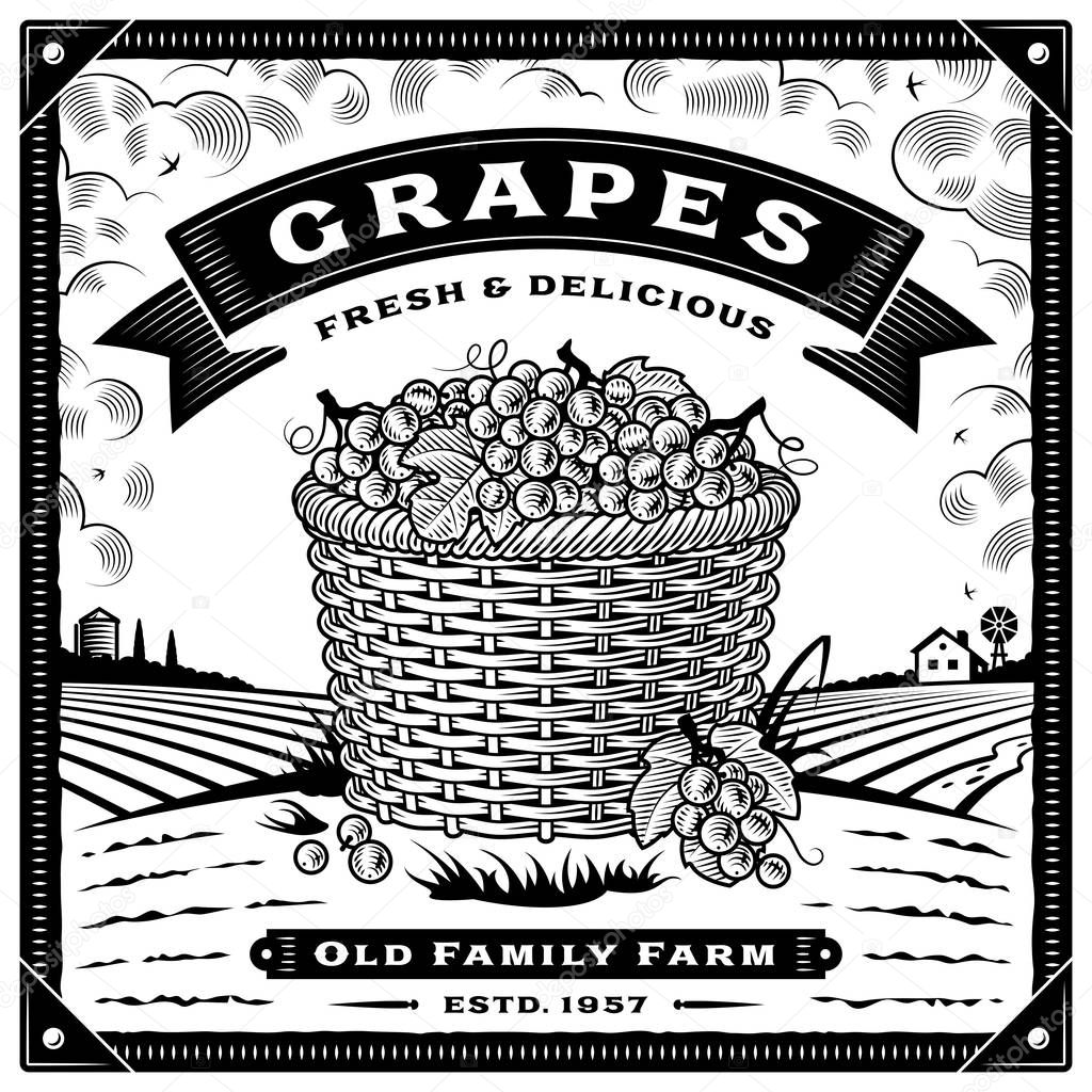 Retro grapes harvest label with landscape black and white. Editable vector illustration with clipping mask in woodcut style.