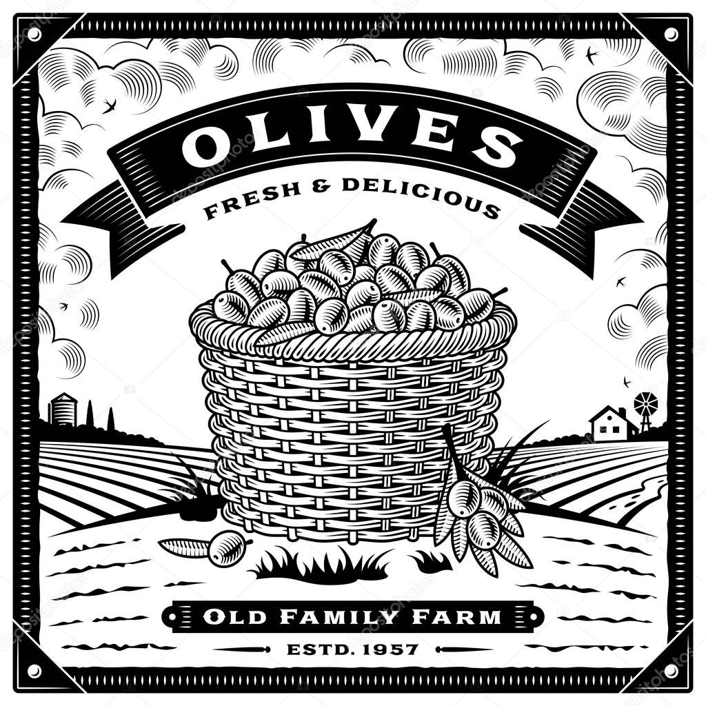 Retro olive harvest label with landscape black and white. Editable vector illustration with clipping mask in woodcut style.