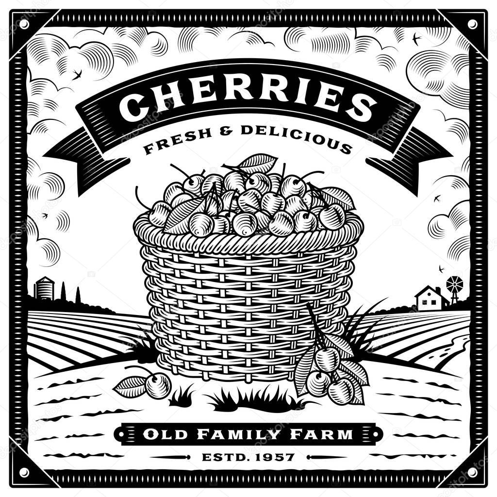 Retro cherry harvest label with landscape black and white. Editable vector illustration with clipping mask in woodcut style.