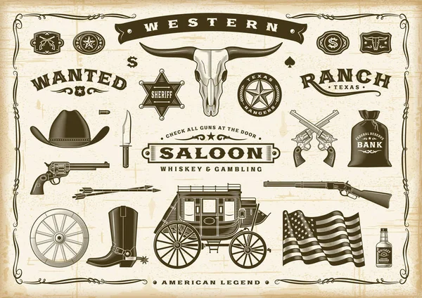 Vintage Old Western Set Ilustração Vetorial Eps10 Editável Estilo Xilogravura — Vetor de Stock