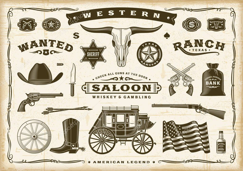 Vintage Old Western Set. Editable EPS10 vector illustration in retro woodcut style with transparency.