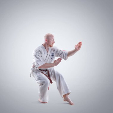 Karate adam bir kimono içinde göstermek poz
