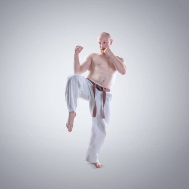 Karate adam bir kimono içinde göstermek poz