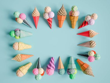 Karton yetkin arka plan üzerinde dondurma. Karikatür gıda ürün paketleme ve dağıtım gıda kavramı.