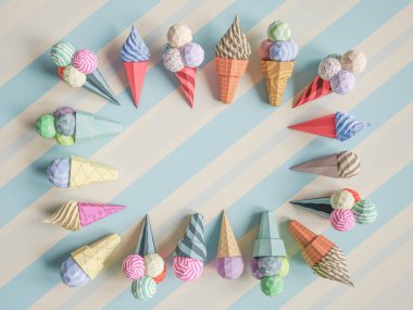 Karton yetkin arka plan üzerinde dondurma. Karikatür gıda ürün paketleme ve dağıtım gıda kavramı.