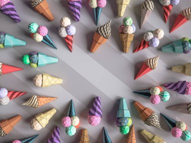 Karton yetkin arka plan üzerinde dondurma. Karikatür gıda ürün paketleme ve dağıtım gıda kavramı.