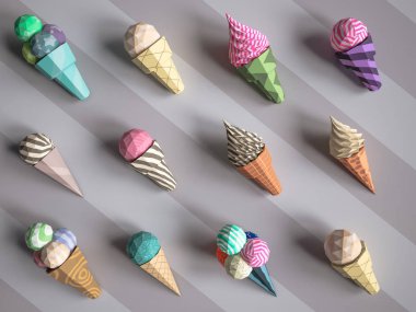 Karton yetkin arka plan üzerinde dondurma. Karikatür gıda ürün paketleme ve dağıtım gıda kavramı.