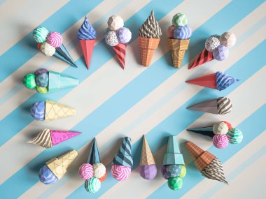 Karton yetkin arka plan üzerinde dondurma. Karikatür gıda ürün paketleme ve dağıtım gıda kavramı.