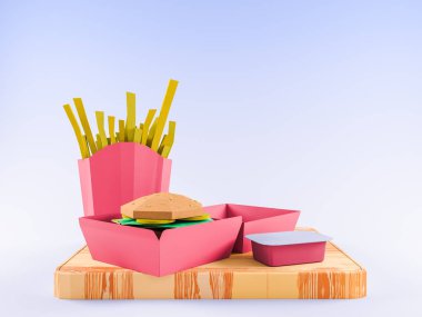 Karton kağıt arka plan üzerinde fast food arka plan kavram. Çizgi film gıda ürün paketleme ve teslimat.