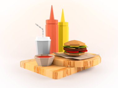 Karton kağıt arka plan üzerinde fast food arka plan kavram. Çizgi film gıda ürün paketleme ve teslimat.