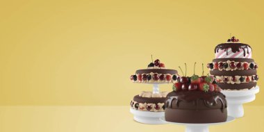 Farklı buttercream Doğum günü ve düğün pastaları arka plan üzerinde renkli elemanları ile.