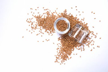 Beyaz zemin üzerinde bir cam kavanoza bir dağınık buğday tanelerinin üstten görünüm