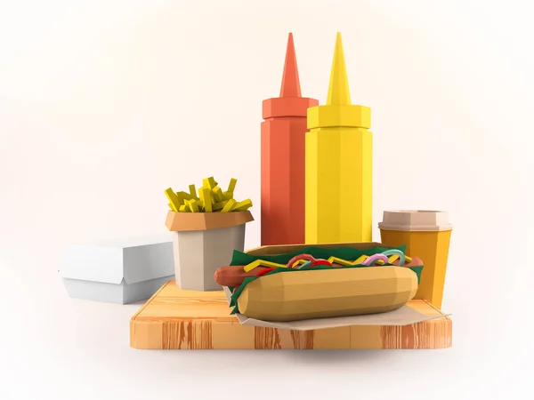 快餐背景概念从纸板纸的背景 卡通食品产品包装与配送 — 图库照片