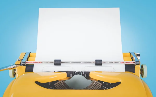 Retro Velha Máquina Escrever Amarela Com Papel Sobre Fundo Azul — Fotografia de Stock