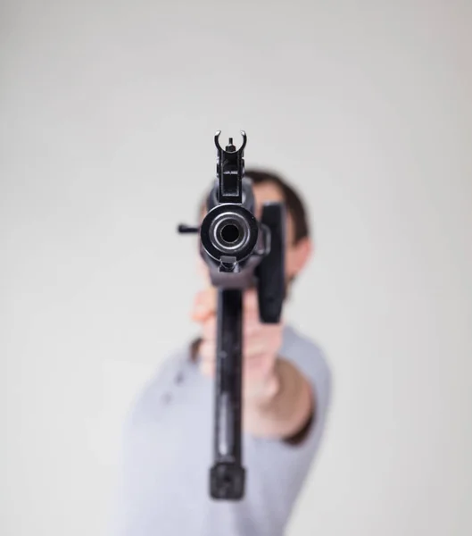 Man Angry Expression Pose Machine Gun — Stock Photo, Image