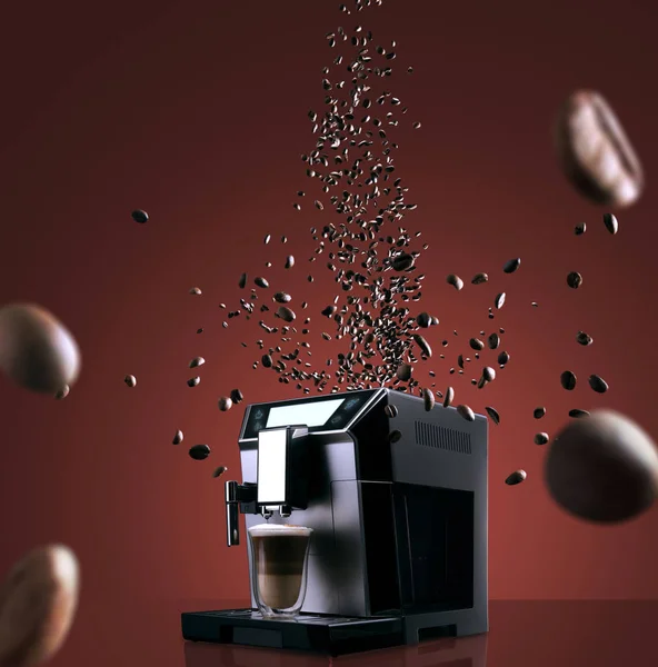 Coffee Machine Flying Coffee Beans — Stock Photo, Image