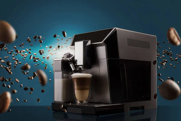 Kaffeemaschine Mit Fliegenden Kaffeebohnen — Stockfoto